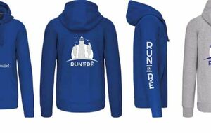 SWEAT CAPUCHE gris ou bleu zippé H ou F   -      Flocage logo manche + dos bleu ciel ou rose ou fluorescent