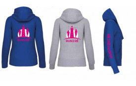 SWEAT CAPUCHE gris ou bleu zippé H ou F   -      Flocage logo manche + dos bleu ciel ou rose ou fluorescent